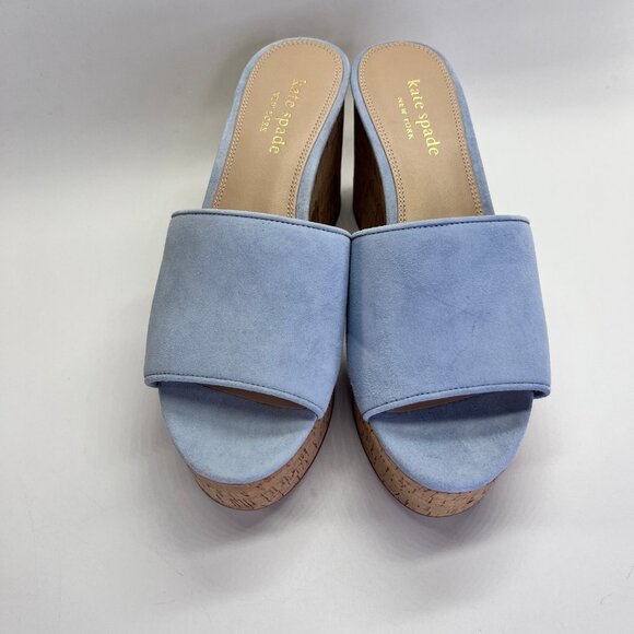 Kate Spade Ibiza Suede Sandals Size 9B Sky Blue Cork Platform Heels Casual - Picture 3 of 16